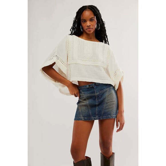 Free People Eden Lace Tee Blouse Top Babydoll Crochet Lace Cotton L NWT 285796 - Picture 3 of 9